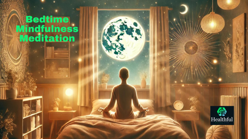 A serene scene of a person sitting in a relaxed meditative pose on their bed, bathed in soft moonlight streaming through a window, creating a calm and peaceful environment for bedtime mindfulness meditation.