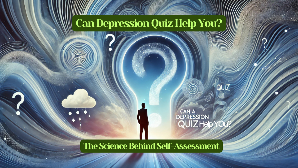 Abstract illustration of a human silhouette with swirling patterns representing thoughts, set against a calming blue and white background, with the text 'Can a Depression Quiz Help You?