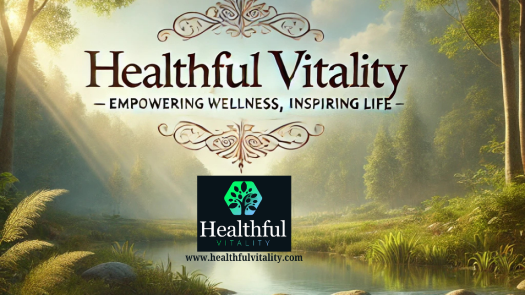 Serene landscape with text 'Healthful Vitality: Empowering Wellness, Inspiring Life,' symbolizing mental health, emotional wellness, and holistic well-being.