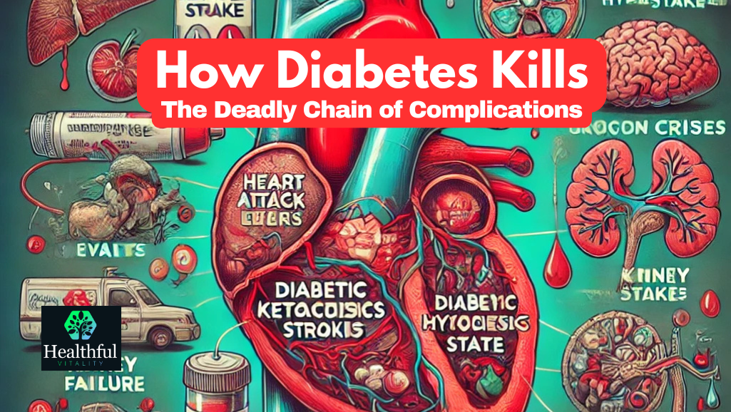 Alt Text: Depiction of the devastating complications of diabetes, including heart disease, kidney failure, and nerve damage.