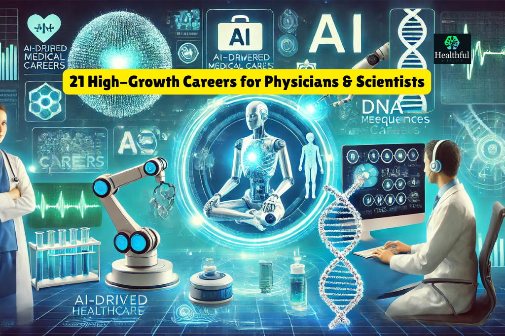 A futuristic digital illustration of AI-powered healthcare careers, featuring robotic medical assistants, a holographic patient interface, and a scientist analyzing genomic data. Highlights 21 high-growth careers for physicians & scientists in AI-driven healthcare.