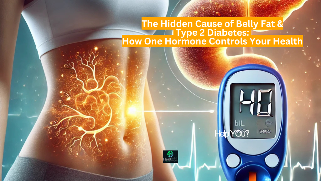 Illustration showing the connection between belly fat and Type 2 diabetes, featuring a person with abdominal fat, a blood glucose meter displaying high sugar levels, and a pancreas representation highlighting insulin production.