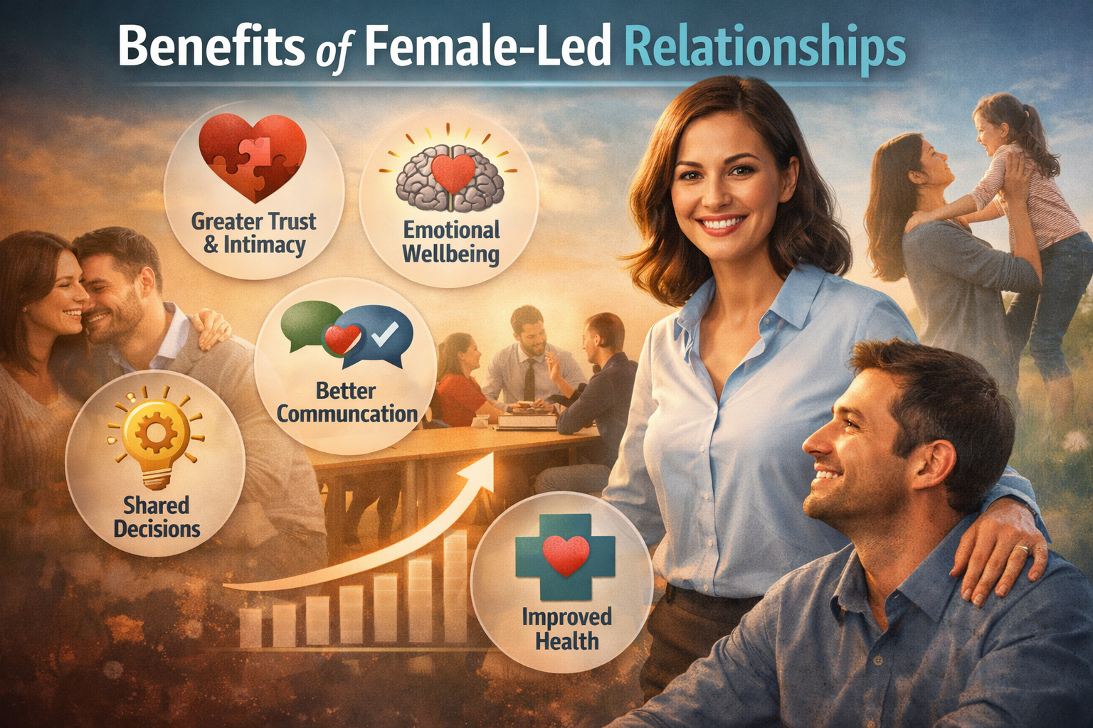 Female-led relationships benefits illustrated through psychological research, showing trust, emotional wellbeing, communication, and shared decision-making