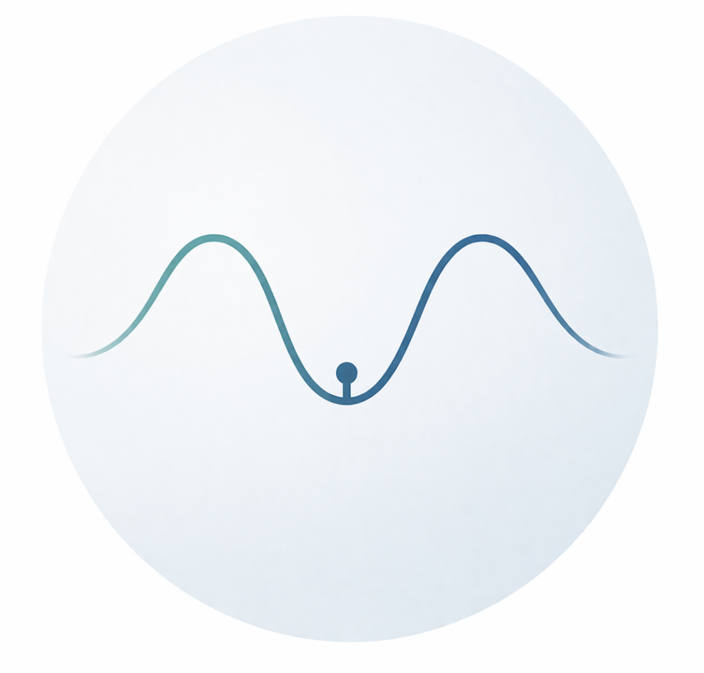 Minimal illustration of the breath anchor method showing a smooth breath curve with a central anchor point to stabilize attention and reduce mental noise.