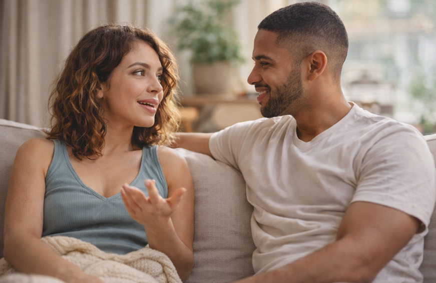 Couple discussing decisions in a female led relationship dynamic.
