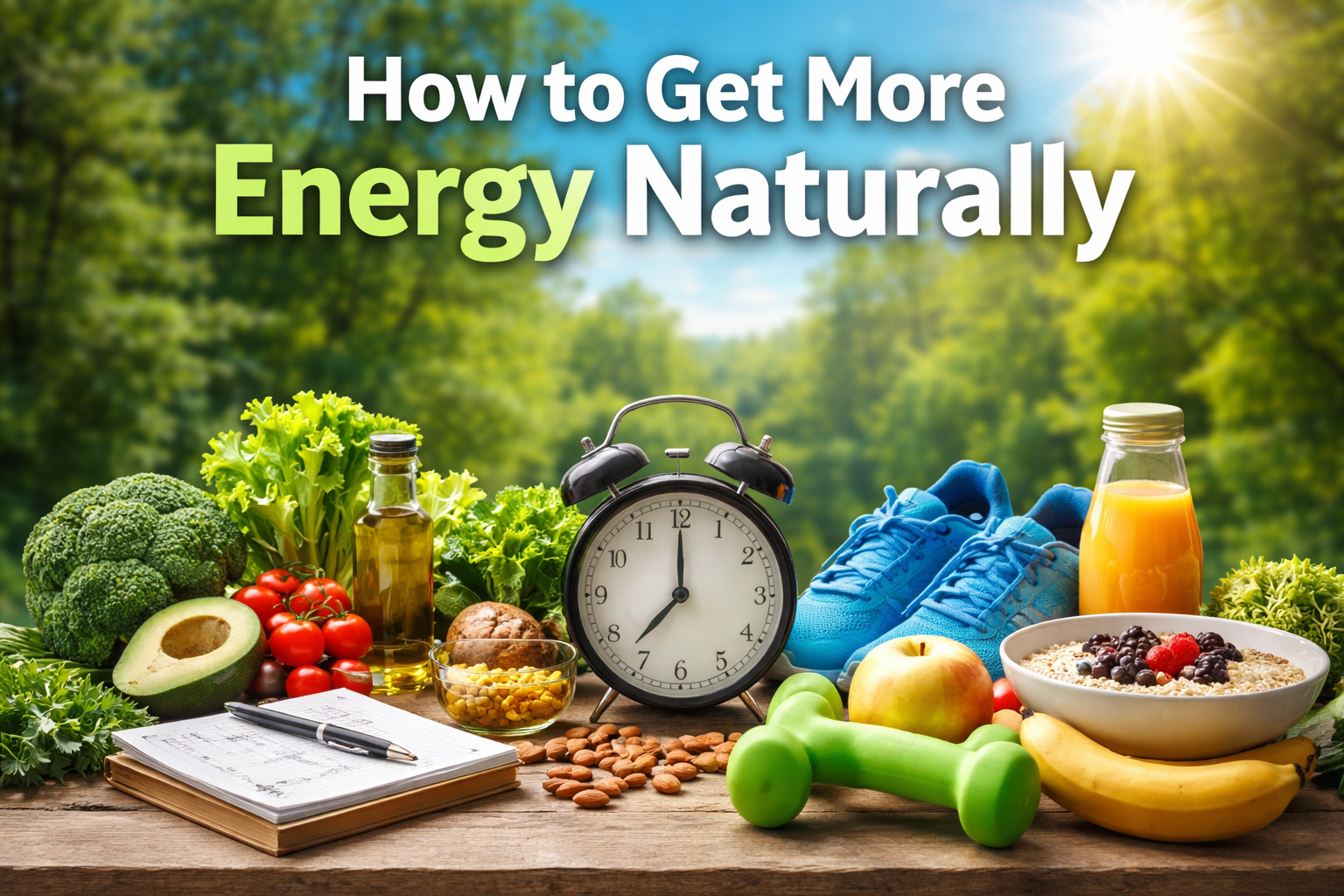 Illustration representing how to get more energy naturally through sleep, exercise, hydration, balanced foods that give you energy, and healthy lifestyle habits that boost energy naturally.